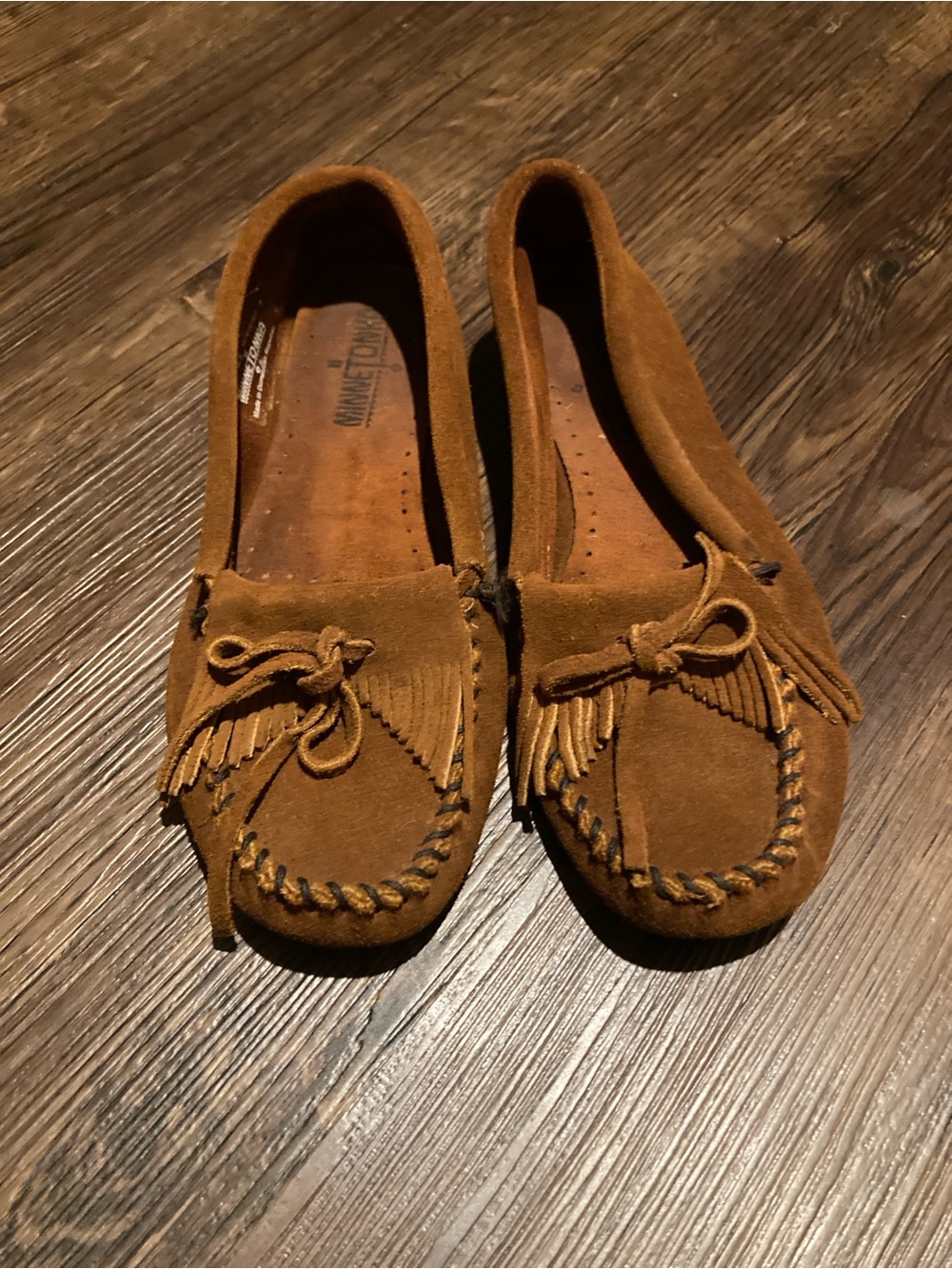 Minnetonka Brown Suede Kilty Fringe Moccasins
